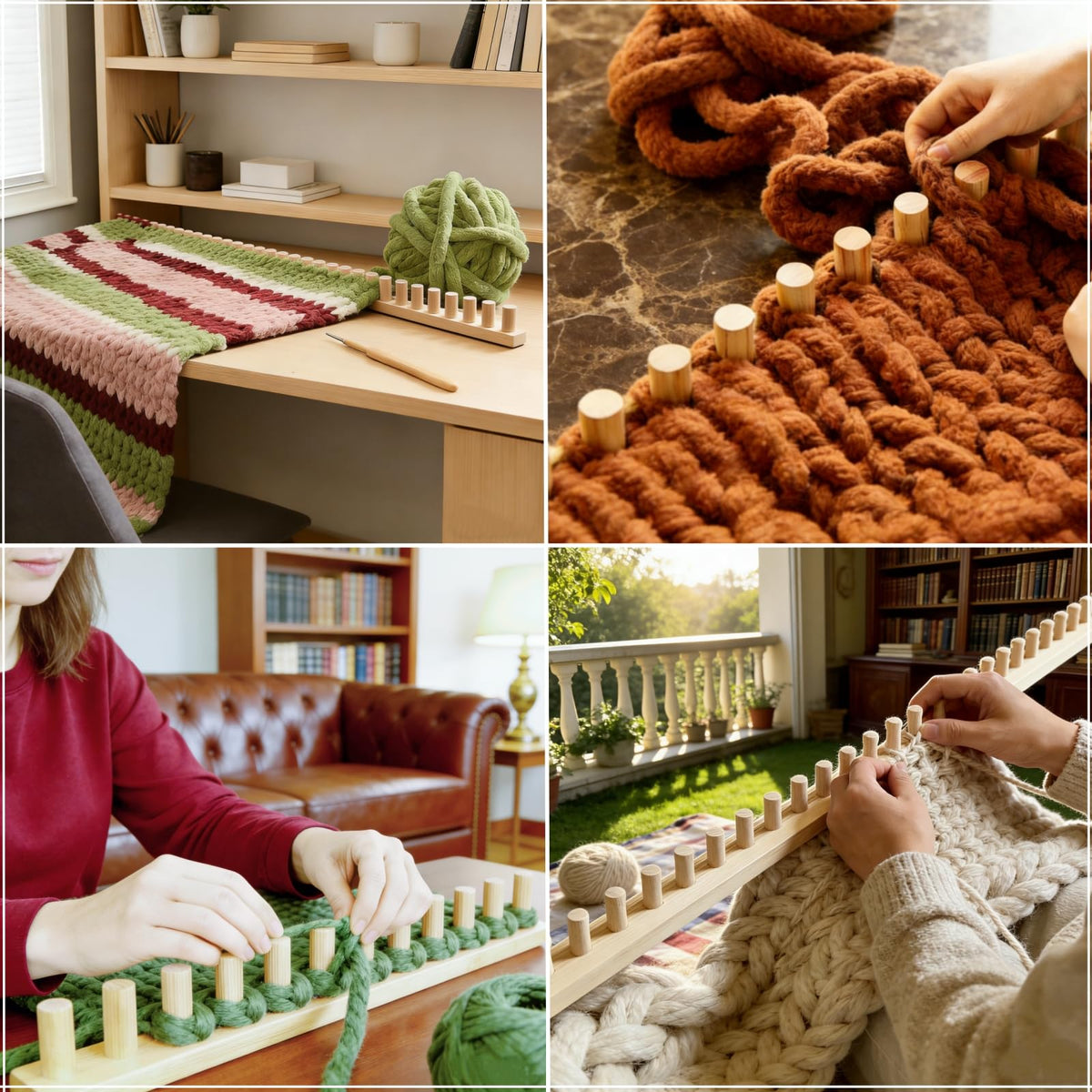 FOBEVTEF 46'' DIY Chunky Knit Blanket Loom, Wooden Loom Frame for DIY Throw Blankets, Adjustable Size Hand Knitting Kit | No Needles Required | Foldable & Portable | Beginner Friendly Yarn Craft