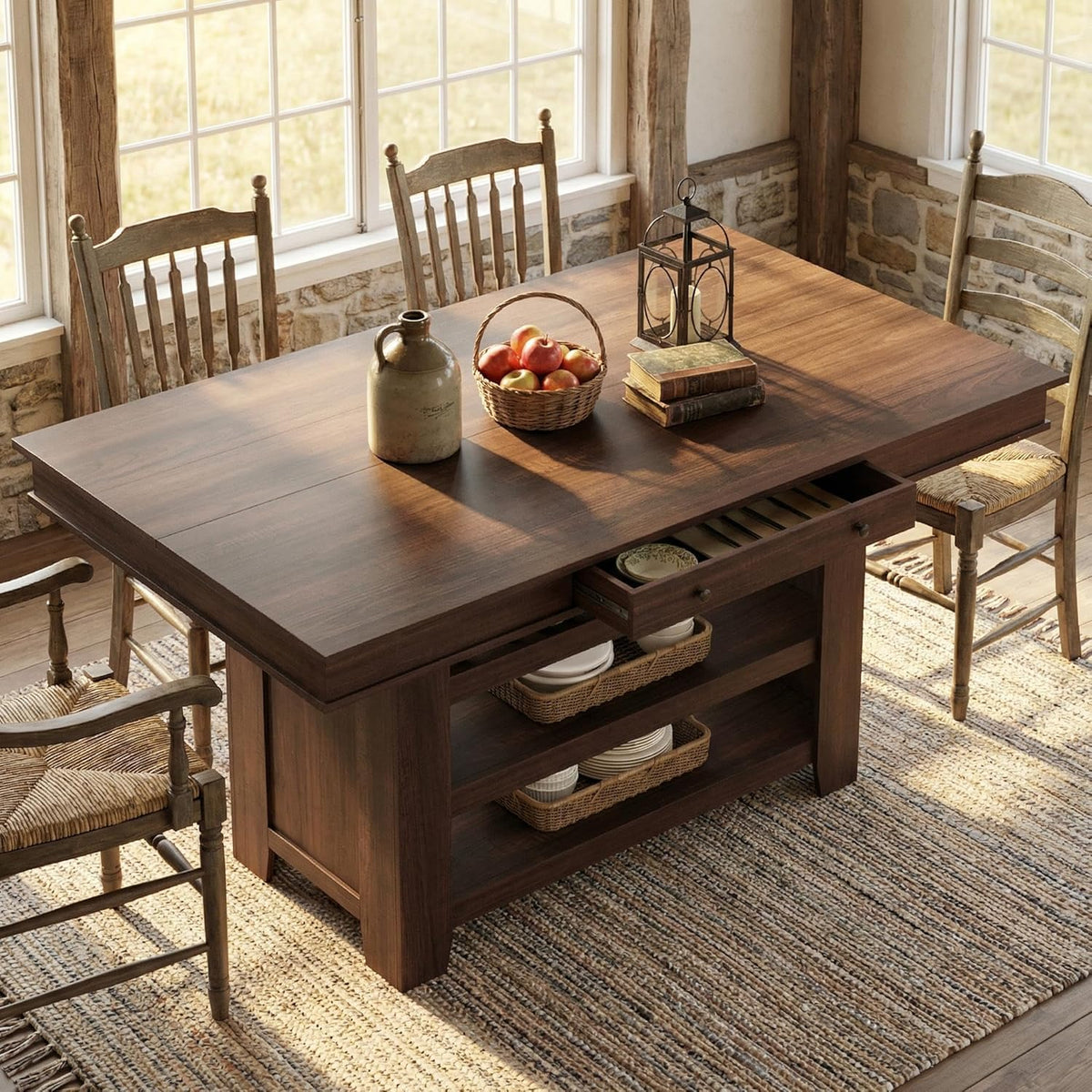 GarveeHome Tall Bar Height Dining Table for Kitchen & Bar, Seats 4-6, Heavy Duty Wood Counter Table with Thick Large Top, Deepened Wine Rack, 2 Drawers & 3 Shelves, for Kitchen, Bar, Rustic Brown