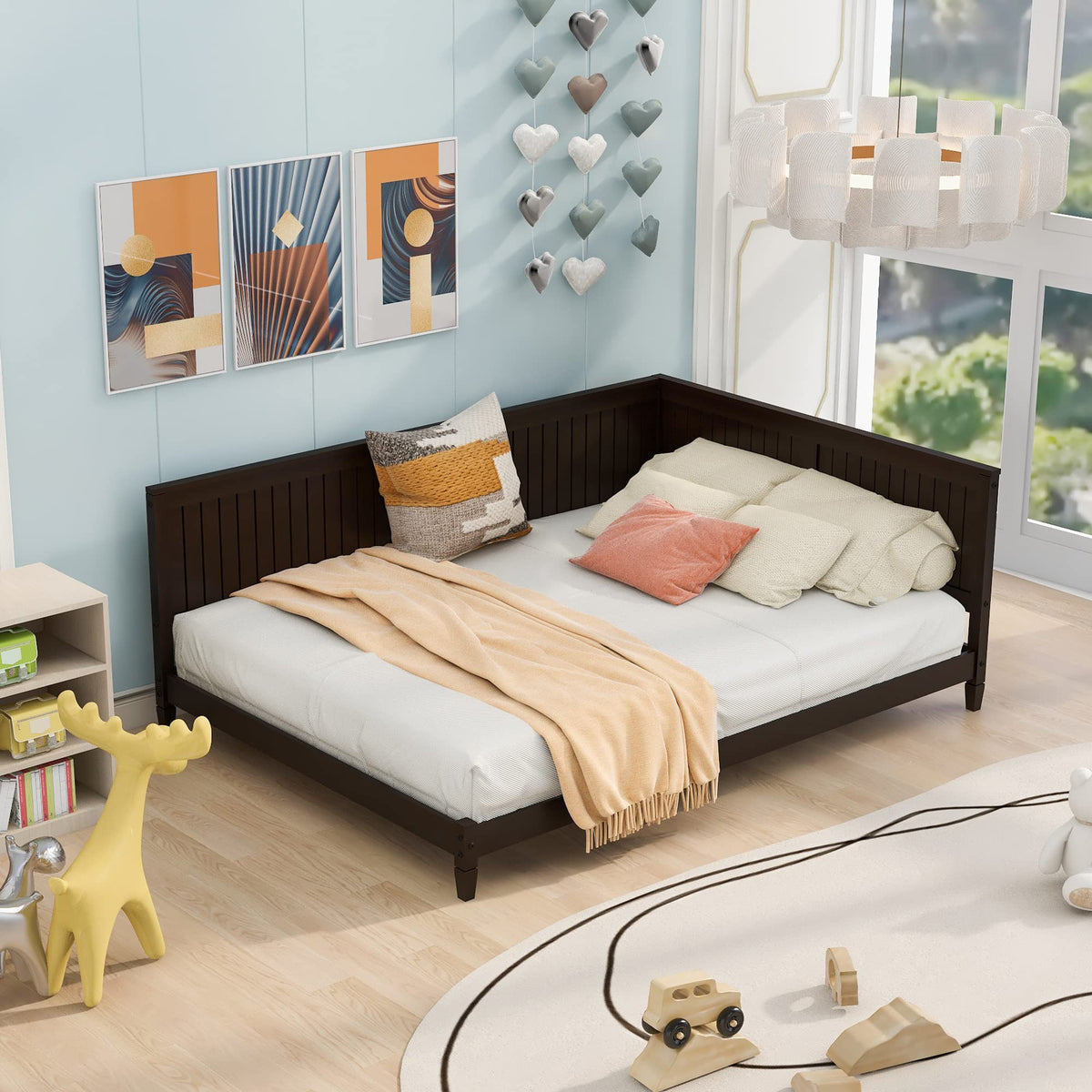 Bellemave Full Size Daybed, Wood Full Low Bed Frame with Headboard and Sideboard, Wooden Floor Sofa Bed with Slats Support for Kids Room, Bedroom, Living Room, Espresso