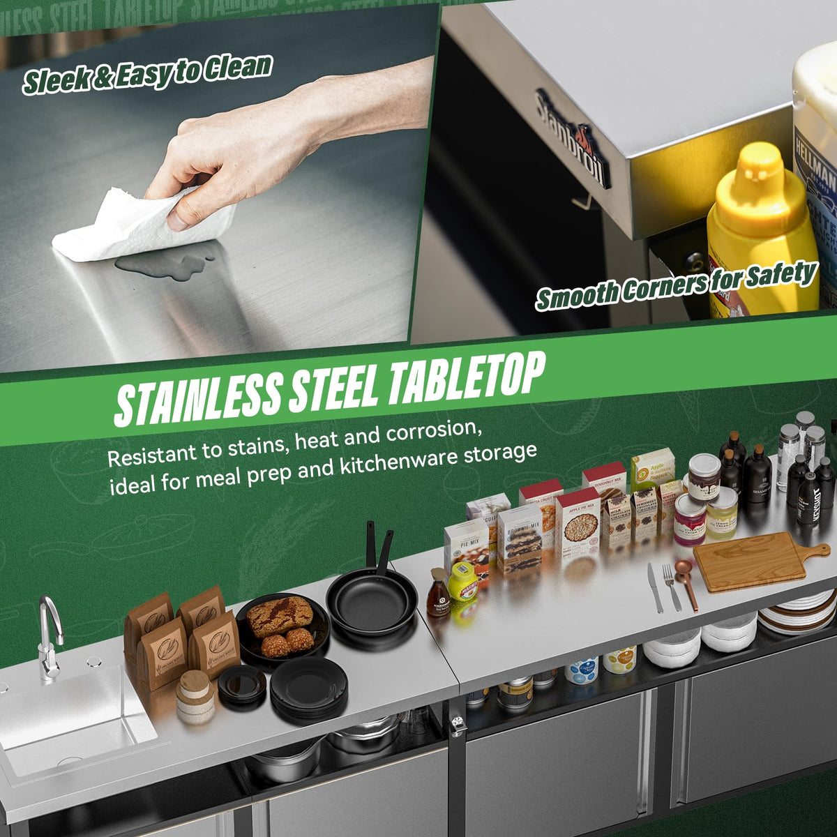 Stanbroil Rolling Outdoor Kitchen Island with Stainless Steel Table Top & Storage Cabinets, Sink&Faucet Included, Extra Large
