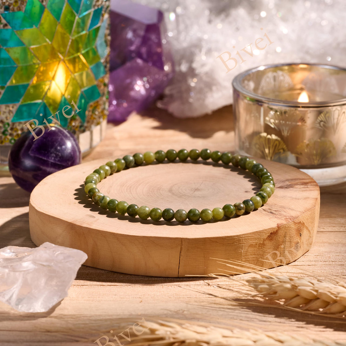Bivei Taiwan Jade-Resilience-4mm Beaded Bracelets for Women Handmade Semi Precious Natural Stone Stretch Elastic Jewelry Yoga Protection Gifts