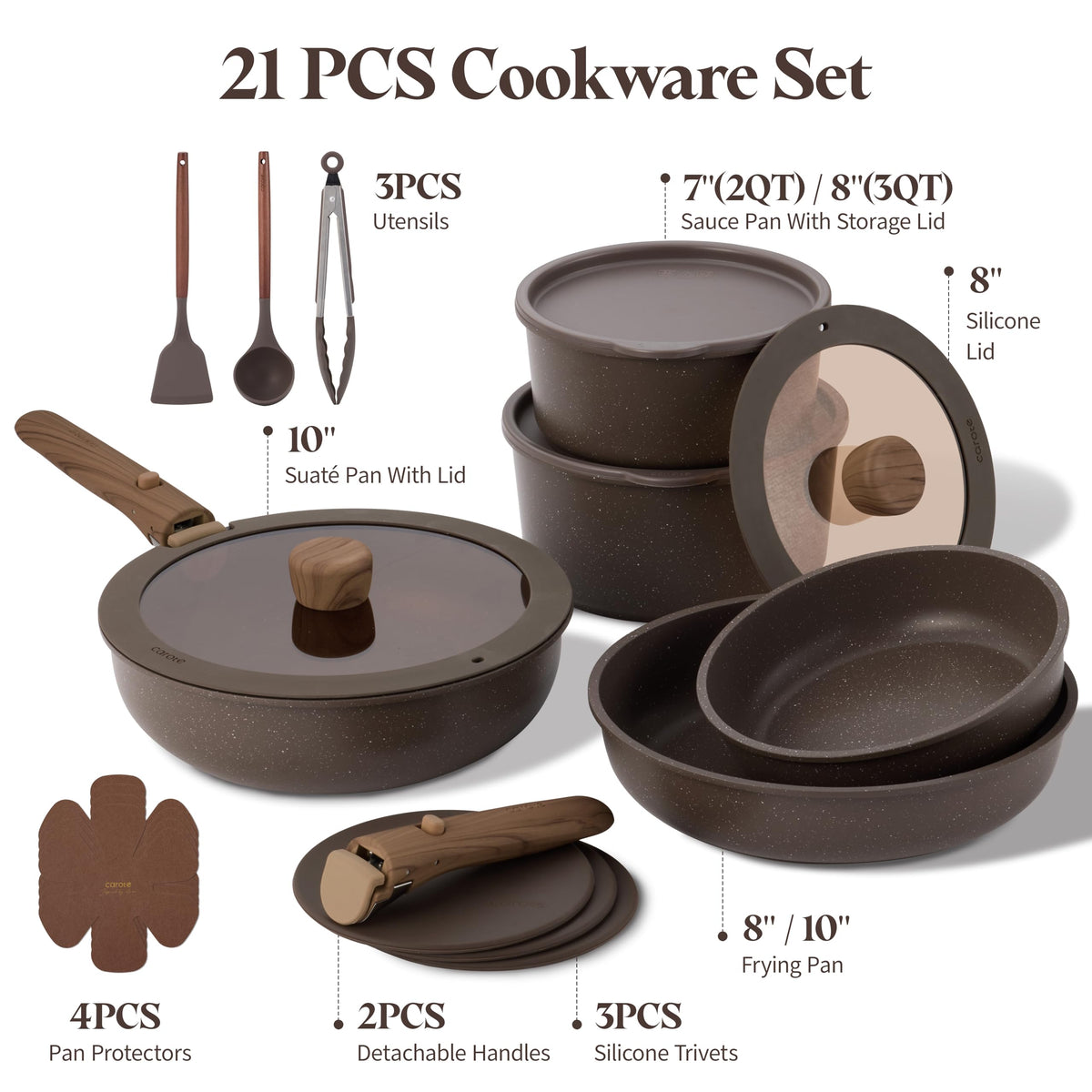 CAROTE 21PCS Pots and Pans Set Non Stick with Detachable Handle, Nonstick Cookware Sets, Cooking Kitchen Set, Oven/Dishwasher Safe, Induction Cookware, Brown, RV Kitchen Pot and Pan