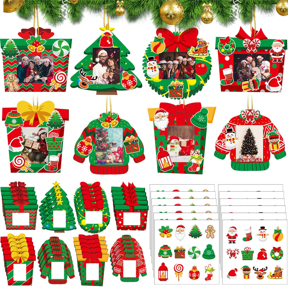 Tioncy 40 Pack Christmas Picture Frame Ornaments DIY Craft Box Set with Stickers DIY Photo Frame Hanging Xmas Picture Ornaments for Tree Window Holiday Party Decor