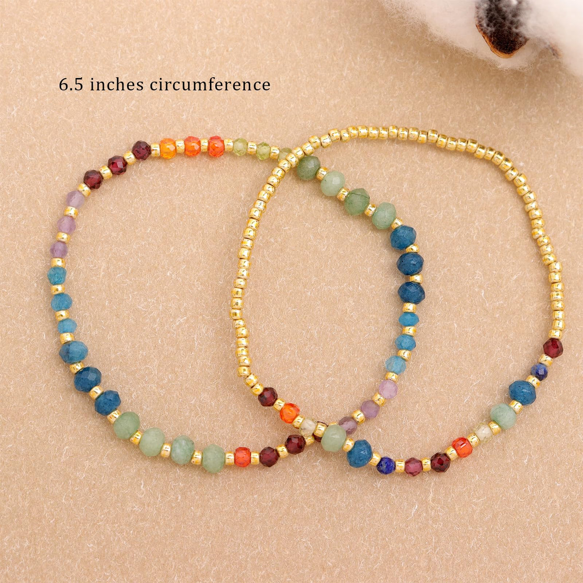BXDA Gemstone Gold Beaded Stack Bracelets Set for Women, 2Pcs Colorful Boho Handmade Rainbow Chakra Natural Stone Stretch Stackable Bracelet Prom Holiday Jewelry Gift.