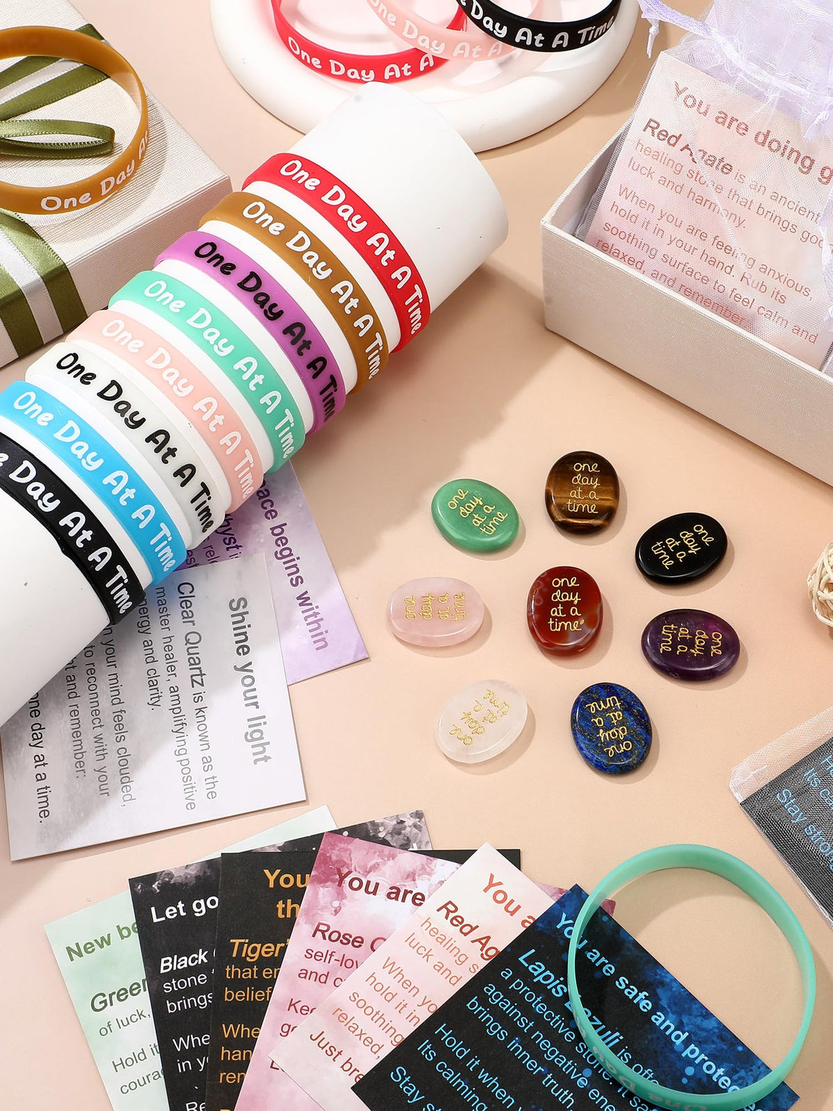 Soulchen 16 Sets Thumb Worry Stones for Anxiety Stress Relief Items Chakra Stones One Day at a Time Bracelet Meditation Reiki Spiritual Gift for Women Men Cancer Addiction Recovery Sobriety