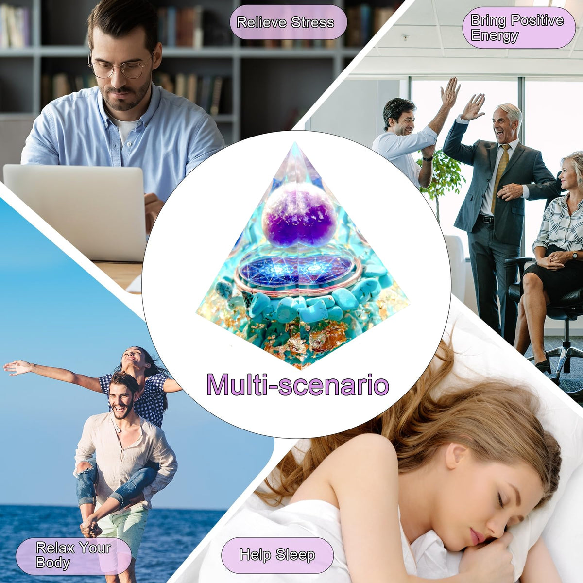 Saefheled Orgone Pyramid Energy Generator,Natural Amethyst&Turquoise Orgonite Crystal Healing Pyramids for Reduce Stress Chakra Reiki Healing Meditation Attracts Lucky and Success, Wealth&Health(6cm)