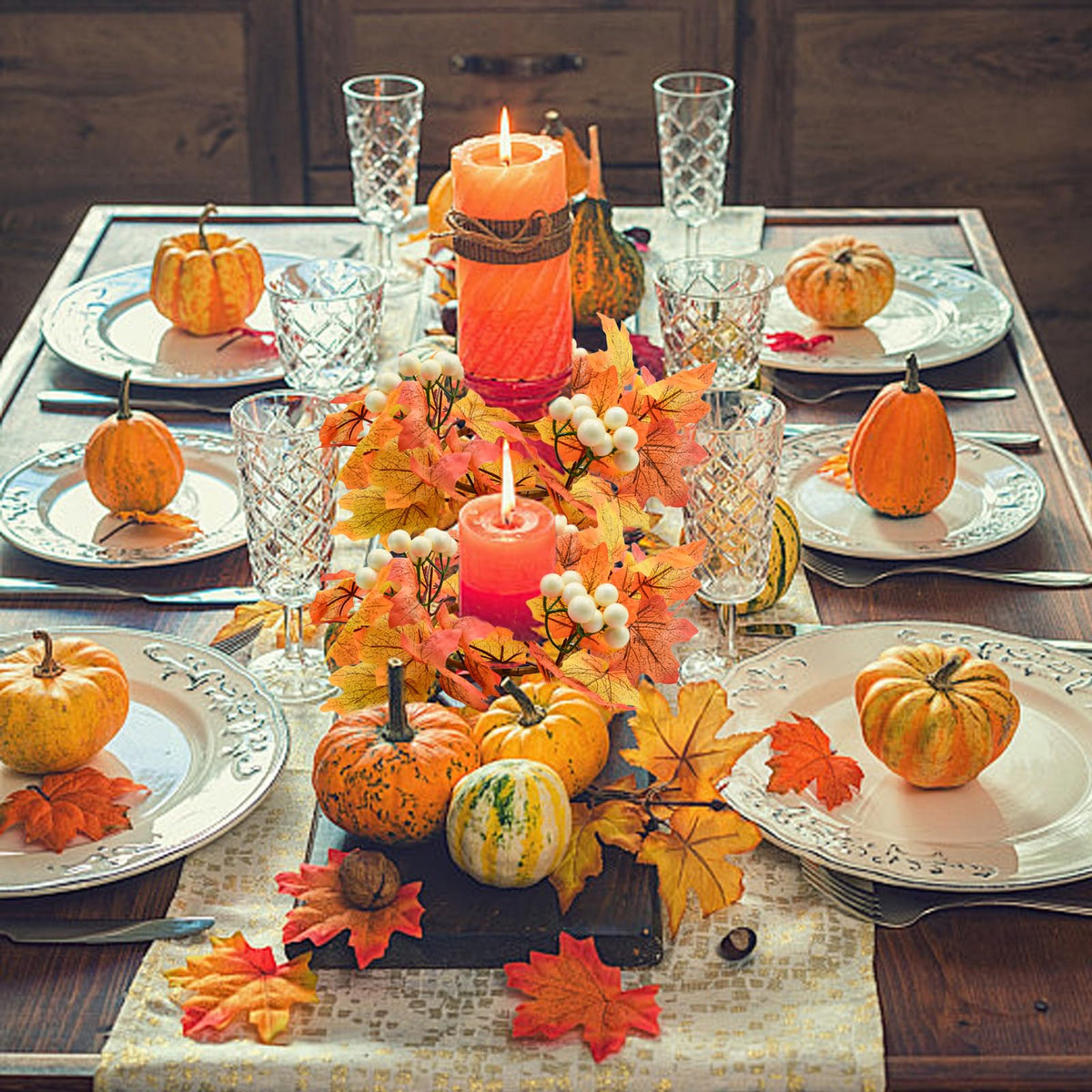 Bacucine 4Pcs Fall Wreaths Small Candle Rings with Maple Leaves Fall Candle Holders Artificial Flower Wreath for Wedding Farmhouse Door Home Table Home Decor