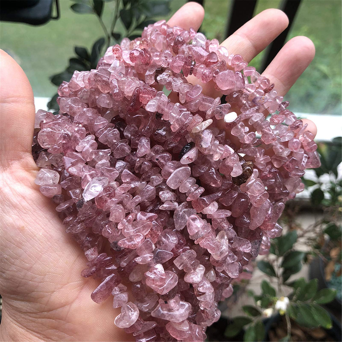 Fekuar 64" Irregular Tumbled Strawberry Quartz Chip Beads for Jewelry Making, Healing Crystal Drilled Loose Bead Strand DIY Craft Supplies, 5-8mm