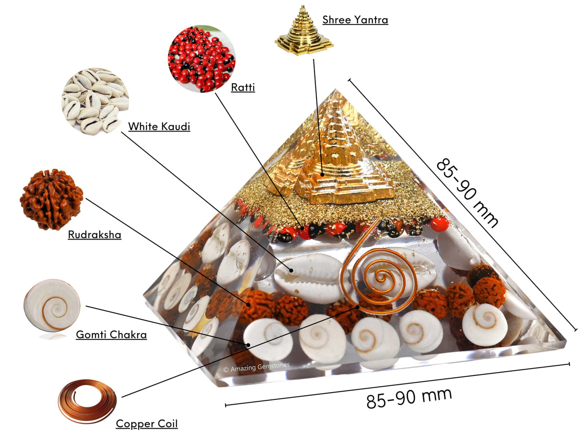 Amazing Gemstone Laxmi Yantra Orgone Pyramid Gomati Chakra, Rudraksha, Cowrie Kodi Maha Laxmi Pyramid Crystals and Healing Stones - Authentic Orgonite & Organite Gifts for Home Vastu Stone