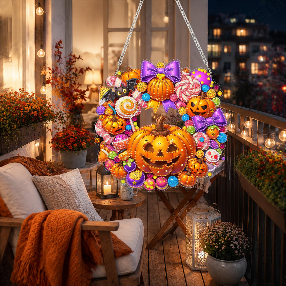 Eiflow Diamond Art Hanging Kit for Adults Candy Pumpkin, DIY Diamonds Pearl Painting Door Hanger Board Kit, Special Crystal Diamond Art Painting Pendant Ornament (Halloween Wreath)