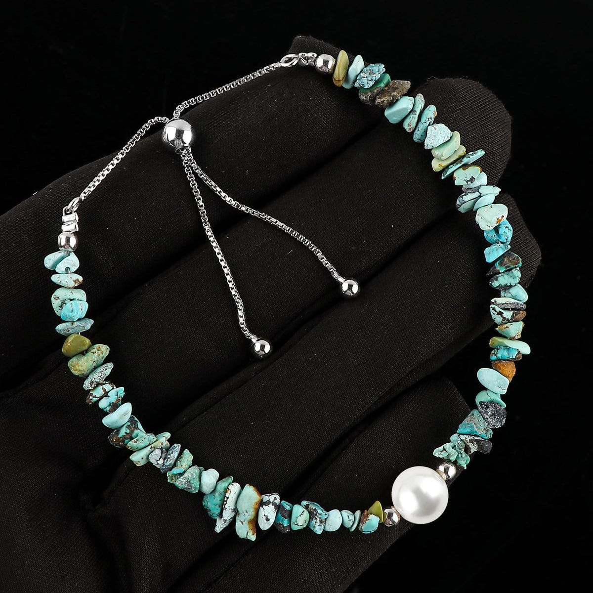 CRYSTALIS Natural Turquoise Beads Slider Bracelet with Elegant Pearl, High Grade Nuggets Crystal, Chakra Healing Gemstone, Gift Giving Women Jewelry, Silver Slider 10 inch