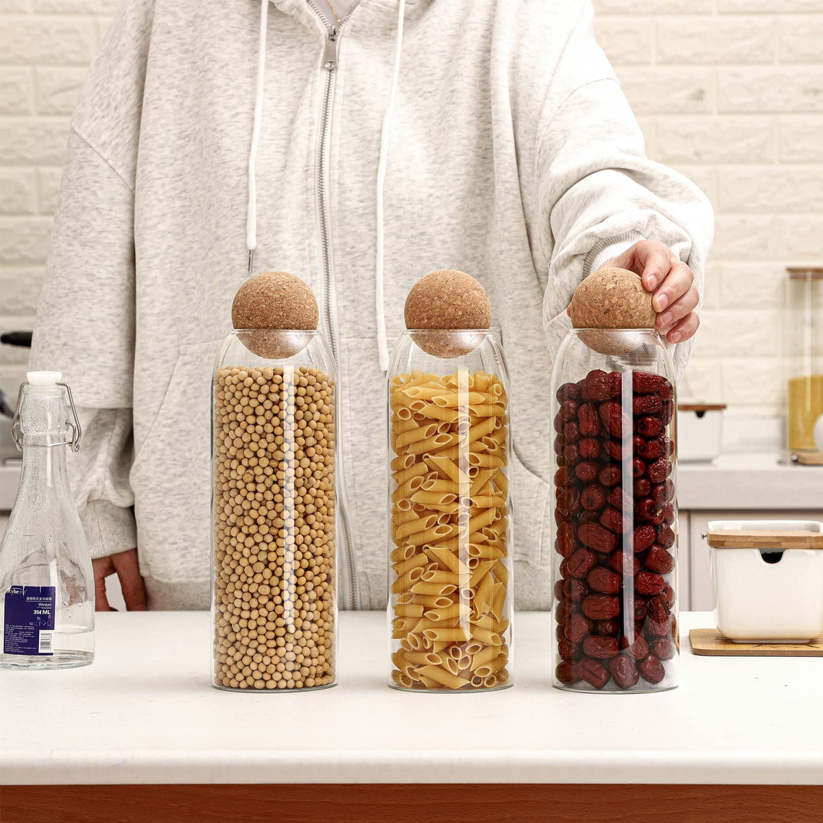 Cunhill 3 Pcs Glass Jar with Ball Cork Lid Decorative Round Bottle Sealed Canister Jar Storage Container Organizer with Airtight Wooden Lid for Food Coffee Bean Candy Biscuits Spice(1300 ML/ 44 Oz)