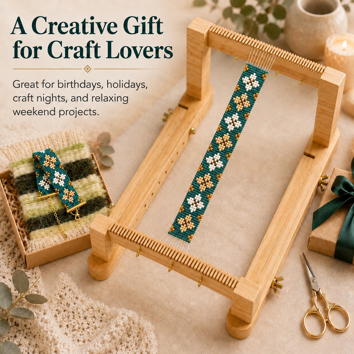 TMEGMIC Adjustable Wood Bead Loom Kit - Professional Wooden Weaving Frame for Jewelry Making - Sturdy Tool for Beginners, Seed Beads, Bracelets & DIY Crafts (Natural Wood-Vintage Green Bracelet)