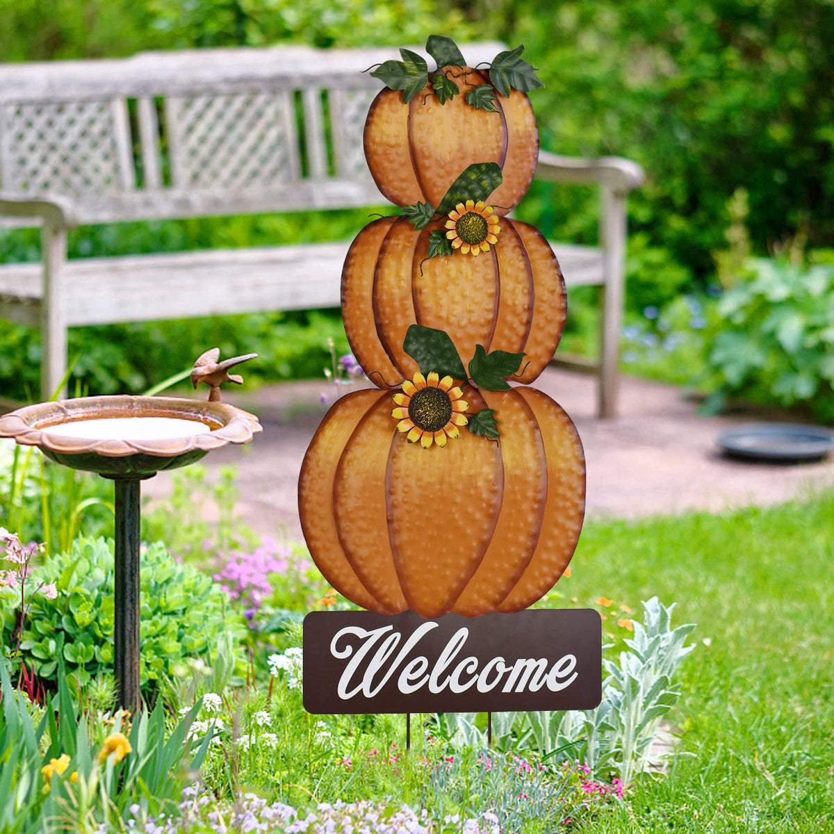 Linfevisi Pumpkin Yard Sign Stakes Stacked Pumpkin Garden Stakes Outdoor Metal Fall Decor Welcome Signs Lawn Ornaments for Autumn Harvest Thanksgiving Halloween 38.4"