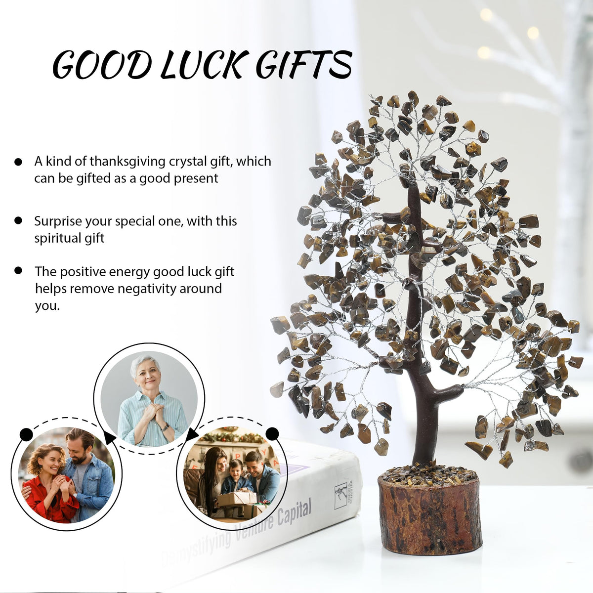 PYOR Tigers Eye, Healing Crystal Tree, Office Decor for Women, Gem Tree, Tiger Eye Stone, Good Luck Gifts, Money Crystal Stone, Positive Energy Decor, Gemstone Bonsai