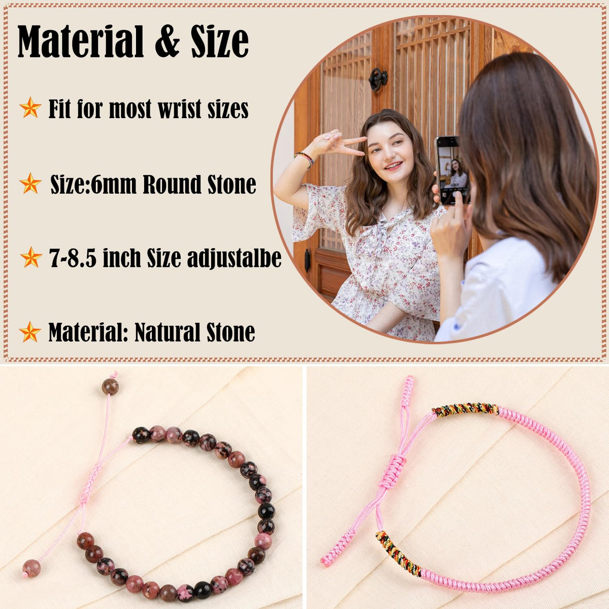 LPBeads 6mm Pink Black Rhodonite Bracelet with Handmade Rope Bracelet Size Adjustable Natural Stone Crystal Healing Bracelets Gifts for Unisex Adults