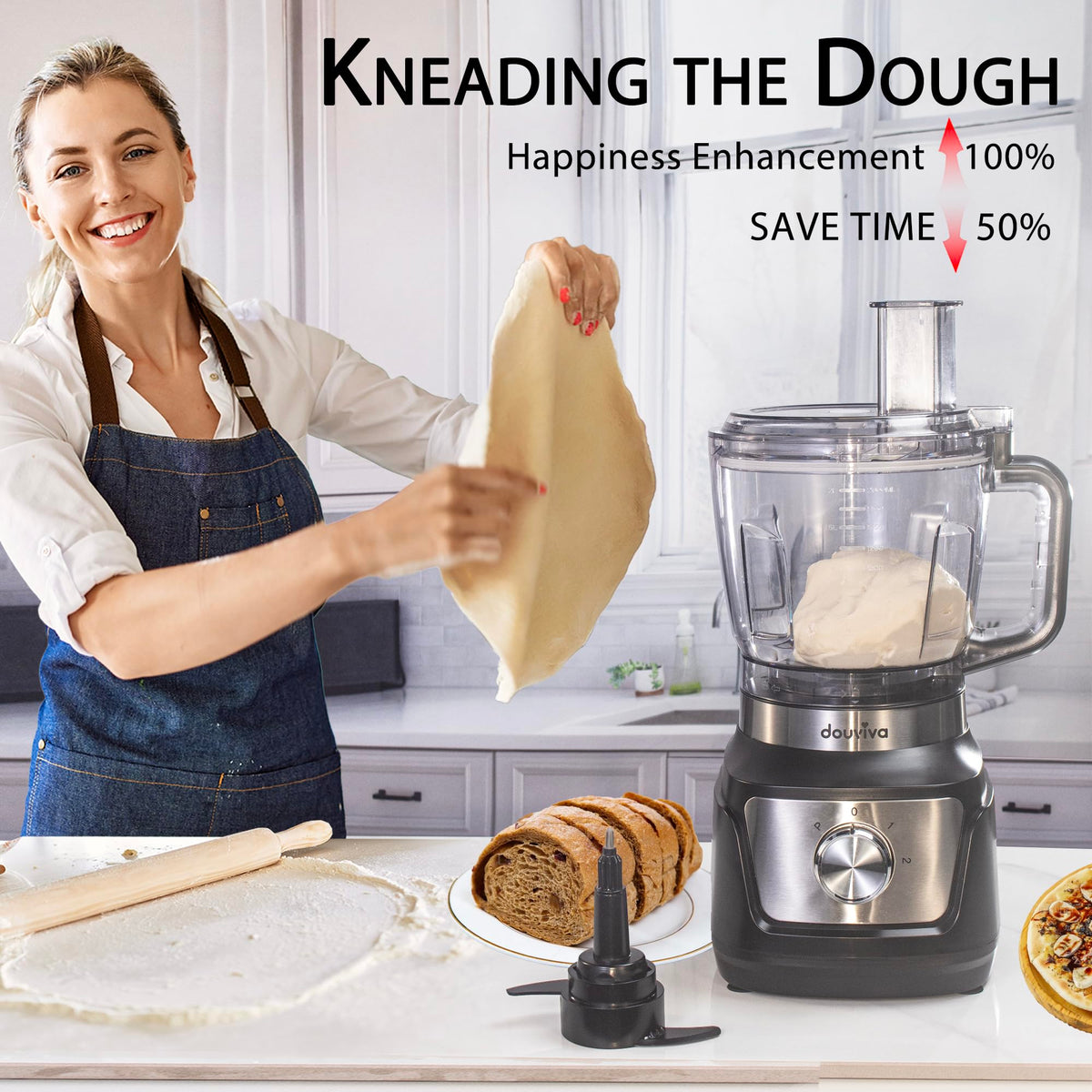 All In One Food Processor Blender Bombo 1000W,8 Cup Food Processor,24oz To-Go Lid Cup, for Smoothies/Shakes/Mixing/Shredding/Slicing/Chopping/Dough/Grinder, Black