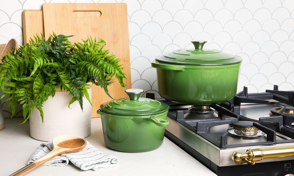 Larder & Vine 5-Piece Enameled Cast Iron Cookware Set - Includes 5.7 Quart Dutch Oven with Lid, 10.25 Inch Skillet, 2.2 Quart Saucepan with Lid (Okra)