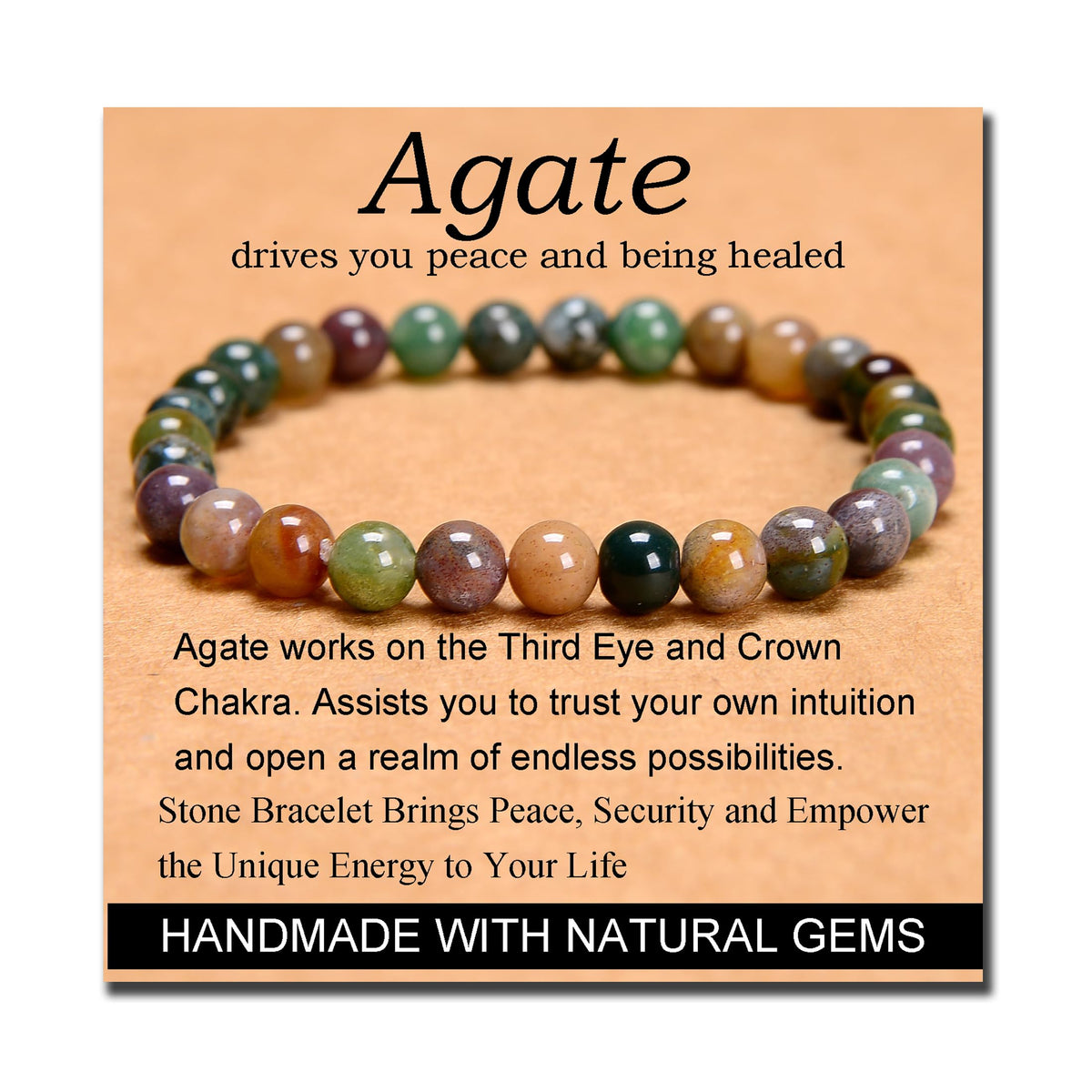 MASSIVE BEADS Indian Agate - Stone of Peaceful - Handmade Yoga Stretch Elastic Bracelet Natural Stone Crystal Healing Power Energy Gifts for Unisex Adult 6mm