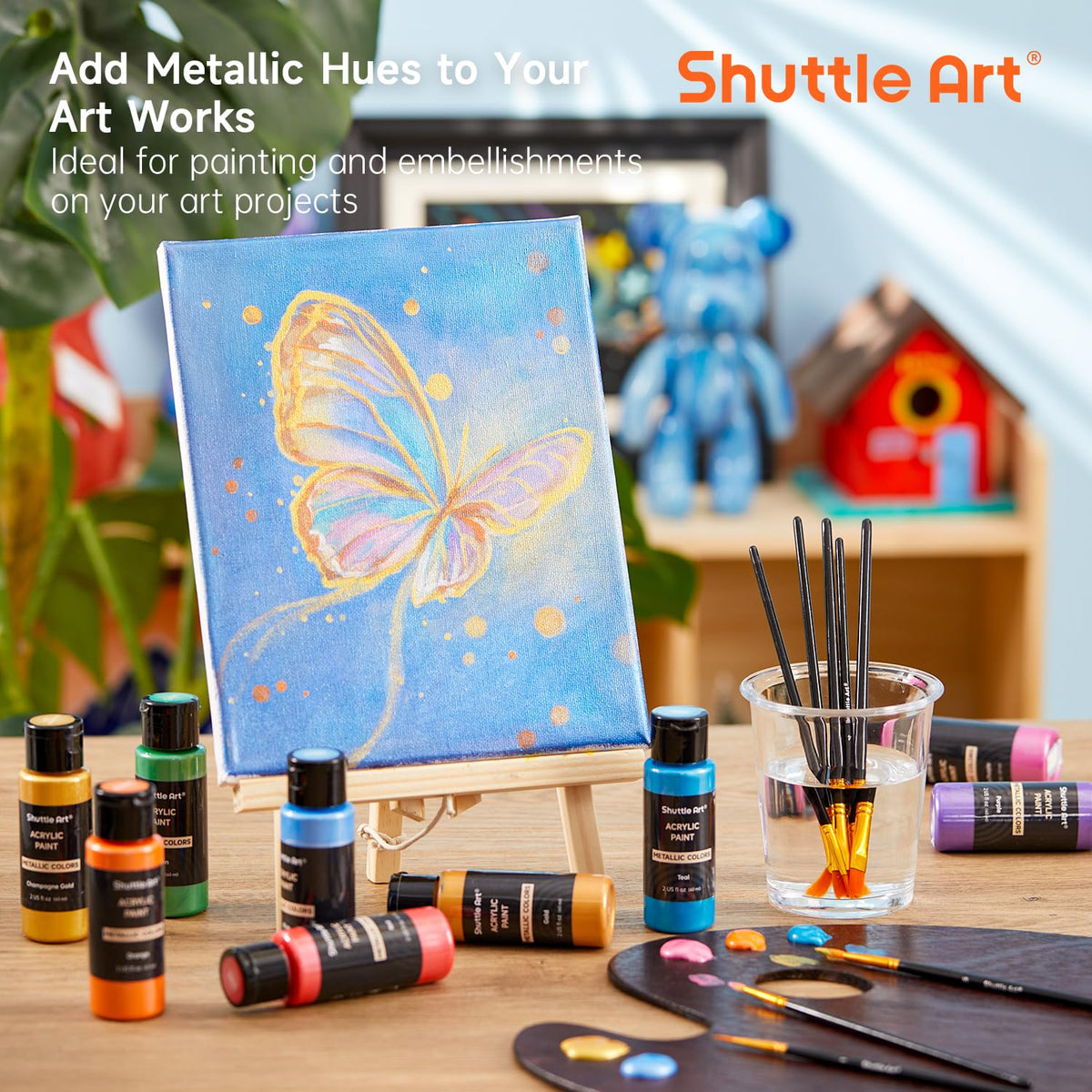 Shuttle Art Metallic Acrylic Paint Set, 20 Colors Metallic Paint in Bottles (60ml, 2oz) with 10 Brushes and 1 Palette, Rich Pigments, Non-Toxic for Artists, Beginners on Rocks Crafts CanvasWood Fabric