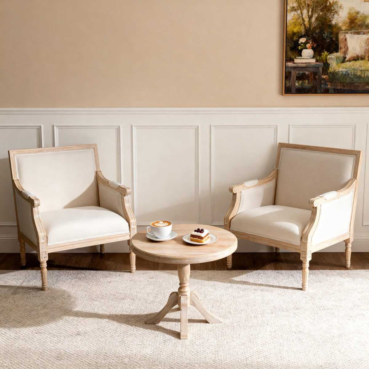 French Accent Chair(Single),Traditional Solid Wood Frame Armchair with Linen Upholstery,Distressed Antique Finish,Foam-Cushioned Seating for Living Room,Bedroom,Office,Reading Nook,Home Décor,Beige