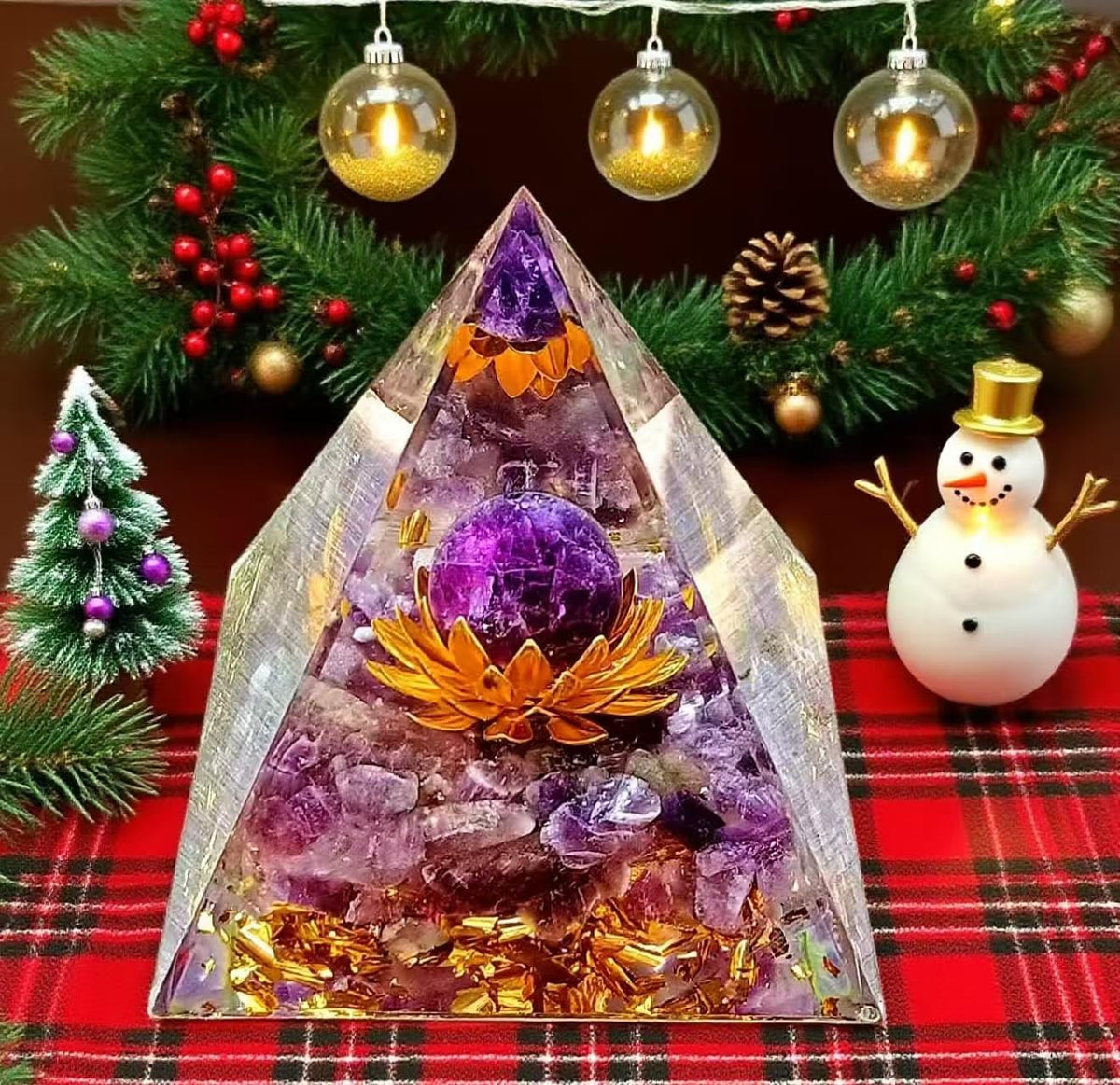 ycyingcheng Moonstone Crystal Orgone Pyramid Ogan Crystal Energy Tower, Nature Reiki Chakra Crushed Stone Jewelry, Crystal Pyramid for Home Decor (Lotus Base Amethyst)