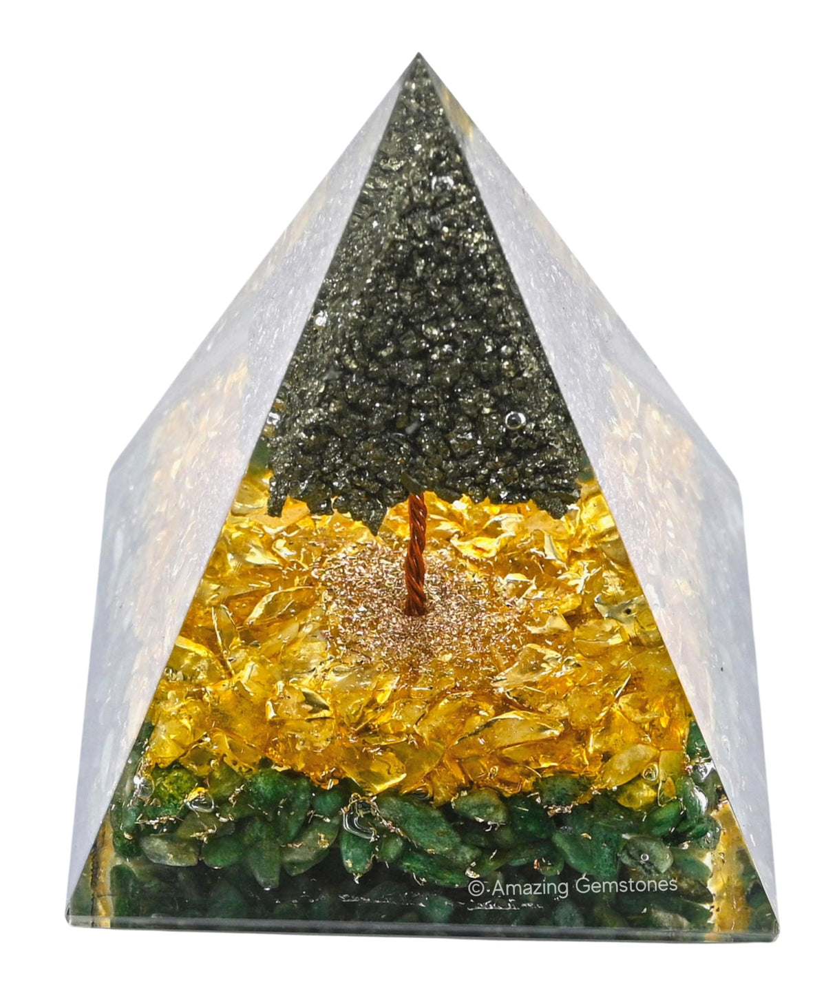 Amazing Gemstone Orgone Pyramid for Money with Pyrite Crystal Tree, Citrine and Green Aventurine Crystals and Healing Stones - Authentic Orgonite & Organite Gifts to Atrract Money Abundance Wealth