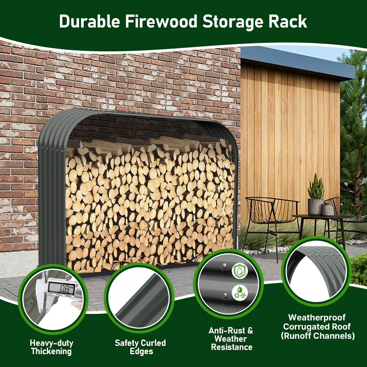 A ANLEOLIFE 6-Set Galvanized Steel Firewood Storage Rack with Weatherproof Corrugated Roof, Heavy Duty Outdoor Log Holder for Patio Porch Fire Pit, Trio, Gray