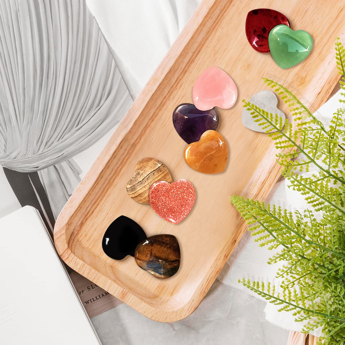 10 PCS Healing Crystals Bulk Natural Stone Heart Shape Amethyst Rose Quartz Tiger Eye Clear Quartz Obsidian Pocket Palm Thumb Gemstone Decor for Garden, Lawn, Flowerpot