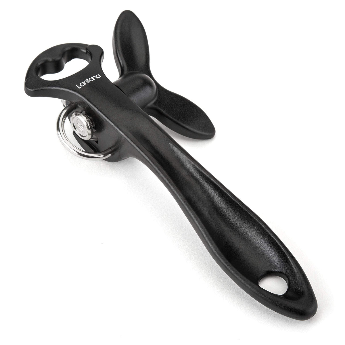 Lantana Smooth Edge Can Opener with Bottle Cap Lifter - Hand Held Manual Safety Tin Opener - Black/Stainless Steel