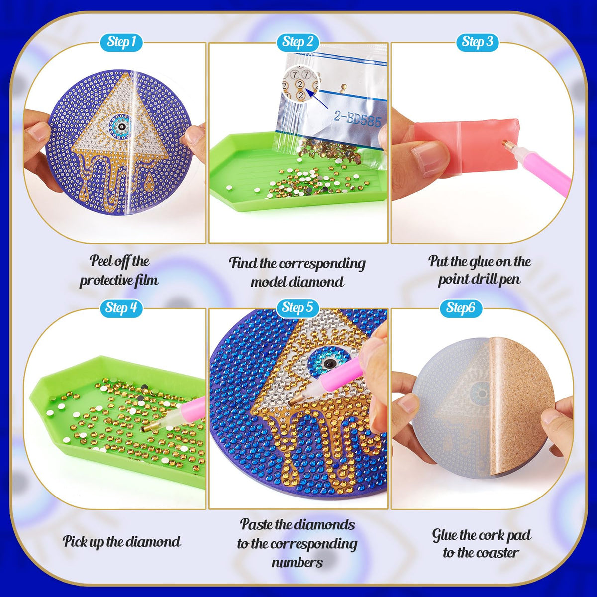 Cheriswelry 8Pcs Evil Eye Diamond Painting Coasters Set Bohemia Style Art Painting Coasters with Holder 5D DIY Diamond Painting Drink Mat Kits for Beginners Adults Kids DIY Coasters