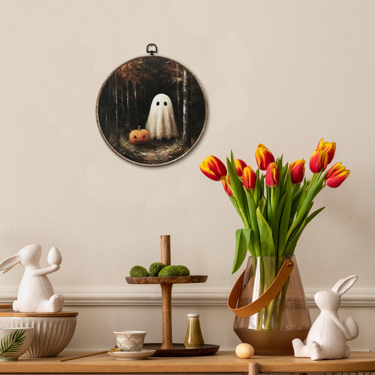 EGVQK Halloween Ghost Pumpkin Round Wall Art, Dark Academia Forest Framed Canvas Prints Wall Art, Halloween Spooky Ghost Pumpkin Round Canvas Hanging Walls Decor for Home Bedroom Decorations, 10x10in