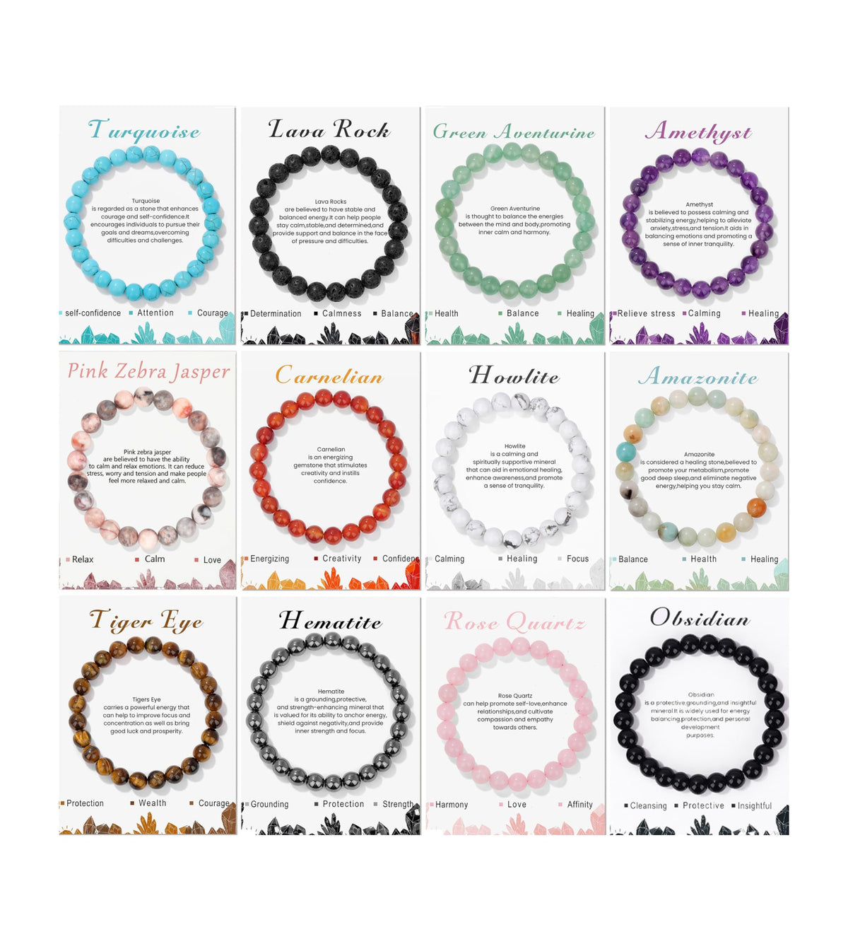 MOZAKA 12PCS Beaded Bracelets for Women Men - 8mm Semi-Precious Gemstone Beaded Bracelets, Crystal Stretch Round Beads Bracelets Unisex Jewelry Gift