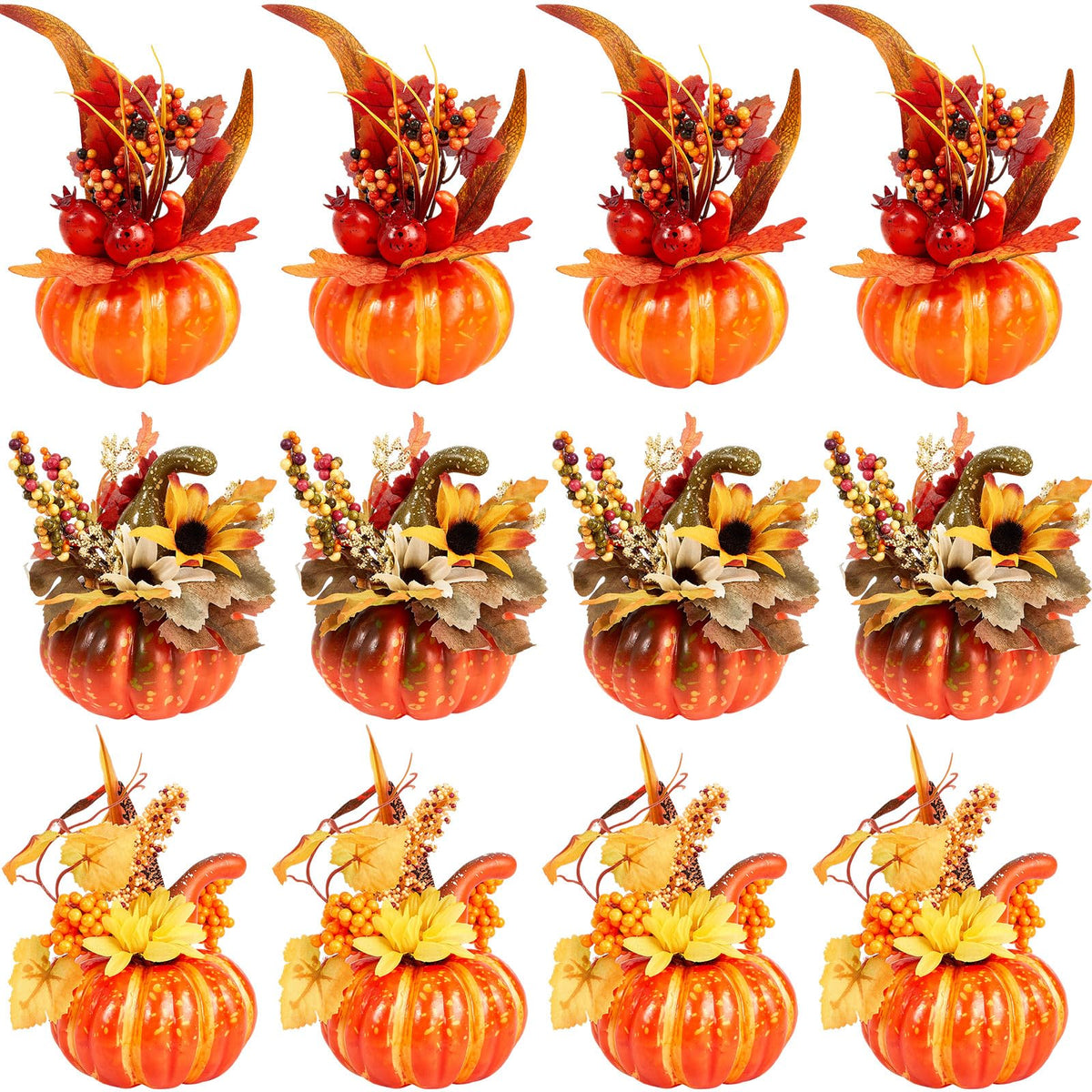 Leinuosen 12 Pcs Fake Pumpkin Centerpiece for Table 6 Inch Pumpkins with Maple Sunflower Berry Decorative Pumpkins Artificial Foam Pumpkin for Fall Harvest Halloween Thanksgiving Table Decoration