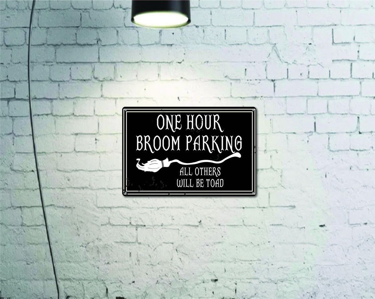 One Hour Broom Parking 12" x 8" Tin Sign Halloween Theme Home Fall Decor Wall Decoration