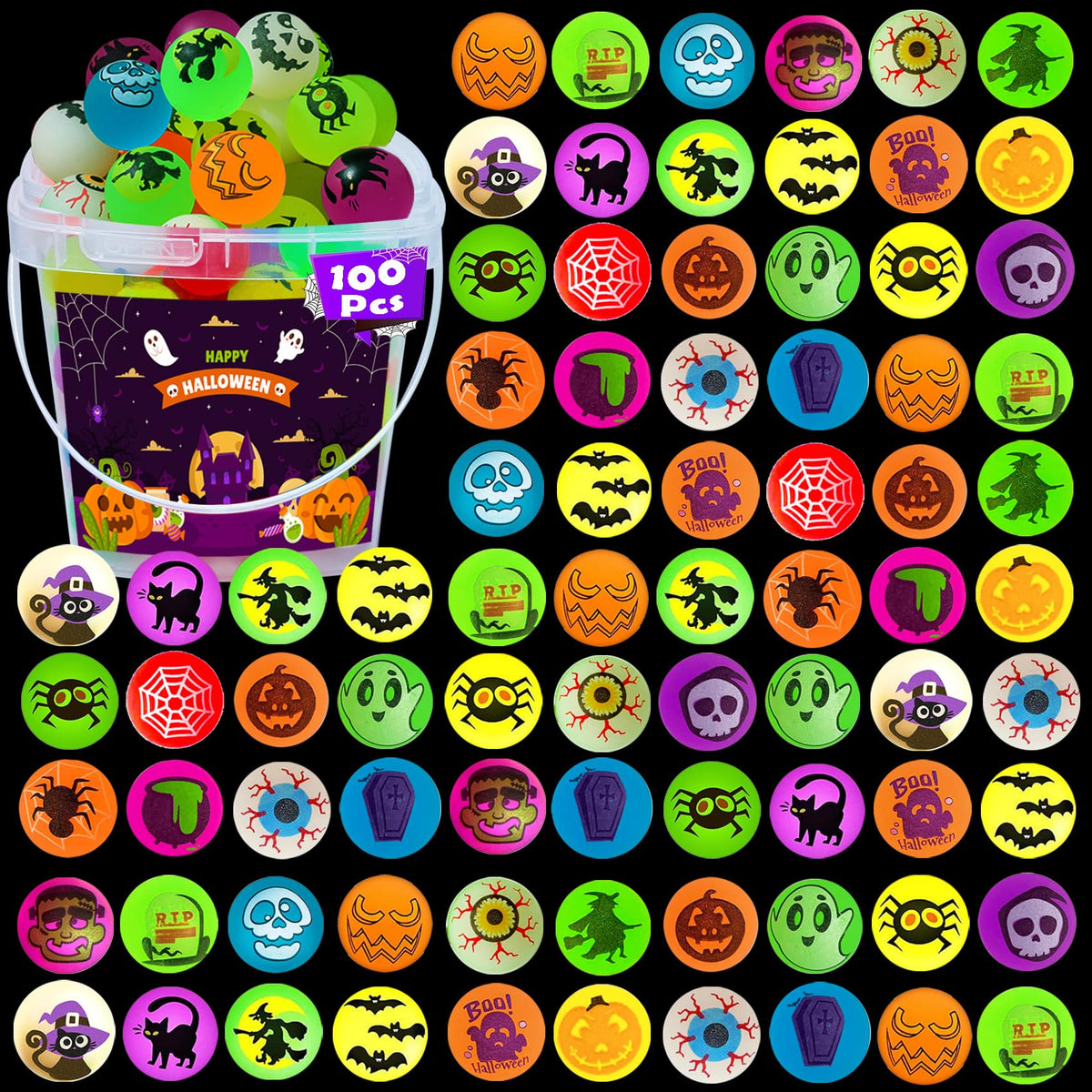 SUNPROUND 100Pcs Halloween Bouncy Balls, Glow in The Dark Bouncing Balls Eyeballs for Halloween Party Favors,Goodie Bag Fillers, Trick or Treating, Classroom Game Prizes