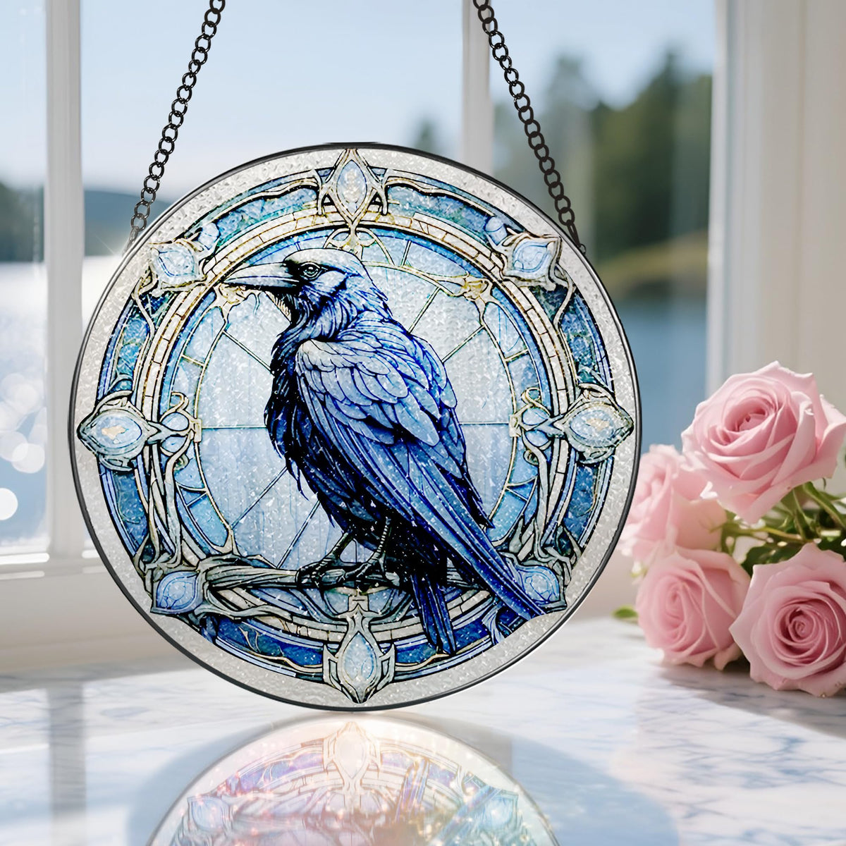 8 Inch Stained Glass Suncatcher Ornament, DOUHASU Crow Sun Catchers Indoor Window, Stained Glass Window Hanging, Home Decor, Bird Lovers Gifts for Women, Men