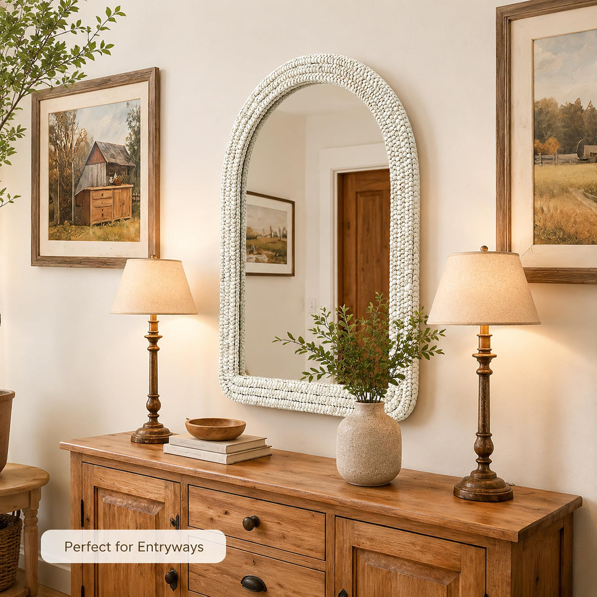 CAVINHOME 30" x 40" Arched Wall Mirror, Handwoven Natural Corn Husk Fiber with Light Whitewashed Finish, Warm Boho Coastal Style for Entryway, Bedroom, Living Room, Vertical Hanging