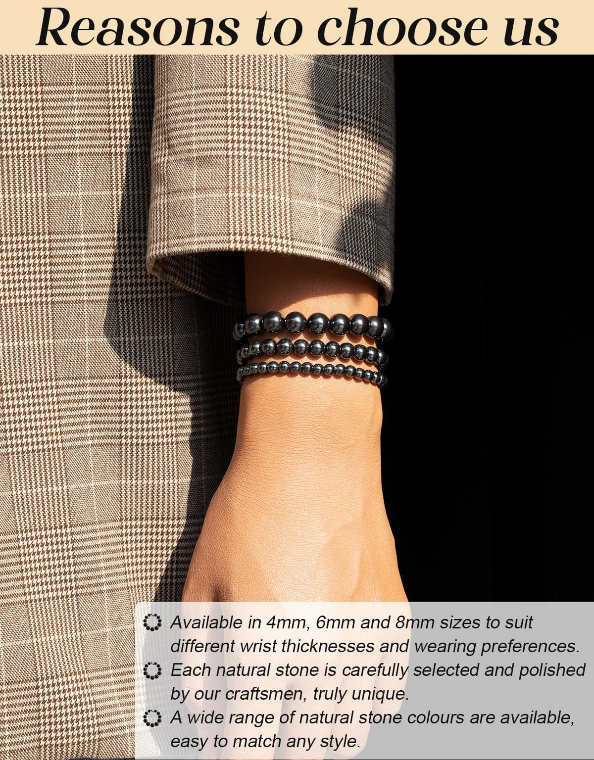 Landorilo Beaded Bracelet for Men Women, 8mm Natural Stone Hematite Healing Crystal Stretch Bracelets, Ideal Christmas Birthday Jewelry Gifts with Energy Card，Replacement Beads Included