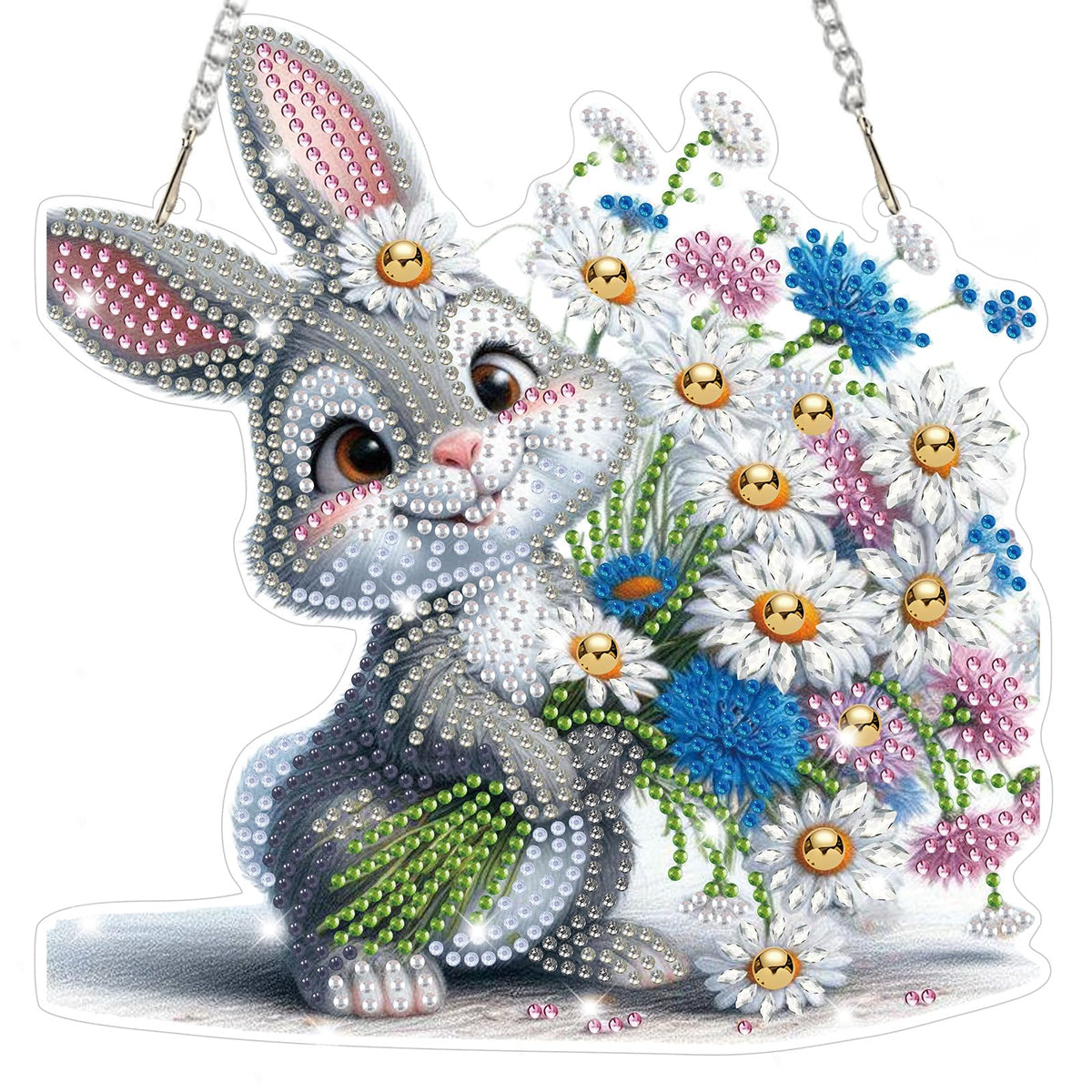 Bowetile Rabbit Diamond Art Hanging Kits for Adults, Diamond Art Suncatchers Bunny, 5D Special Shape Diamond Painting Flowers Pendant Window Ornament Easter Gifts for Home Wall Decor