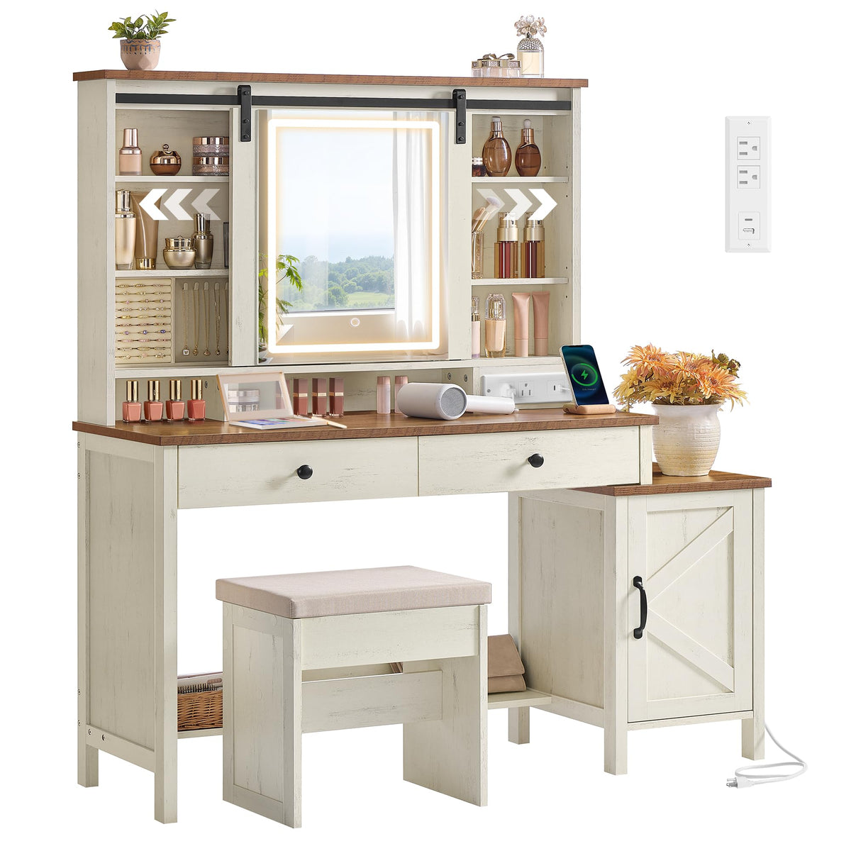 VASAGLE LIRY Collection - Vanity Desk with Mirror and Lights, Farmhouse Makeup Vanity with Stool, Charging Station, 2 Drawers, Jewelry Storage, for Bedroom, Rustic White and Honey Brown URDT135W01S