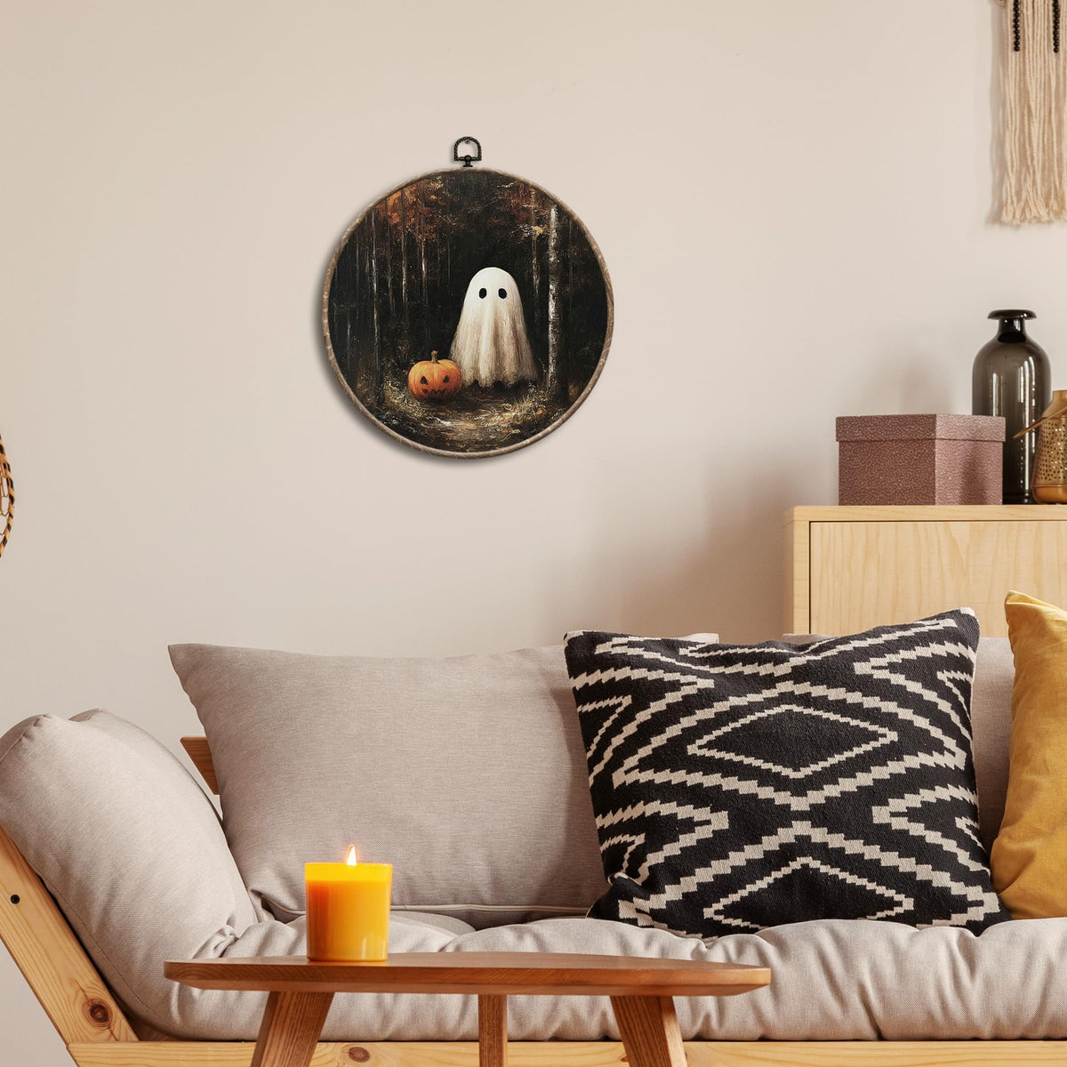 EGVQK Halloween Ghost Pumpkin Round Wall Art, Dark Academia Forest Framed Canvas Prints Wall Art, Halloween Spooky Ghost Pumpkin Round Canvas Hanging Walls Decor for Home Bedroom Decorations, 10x10in