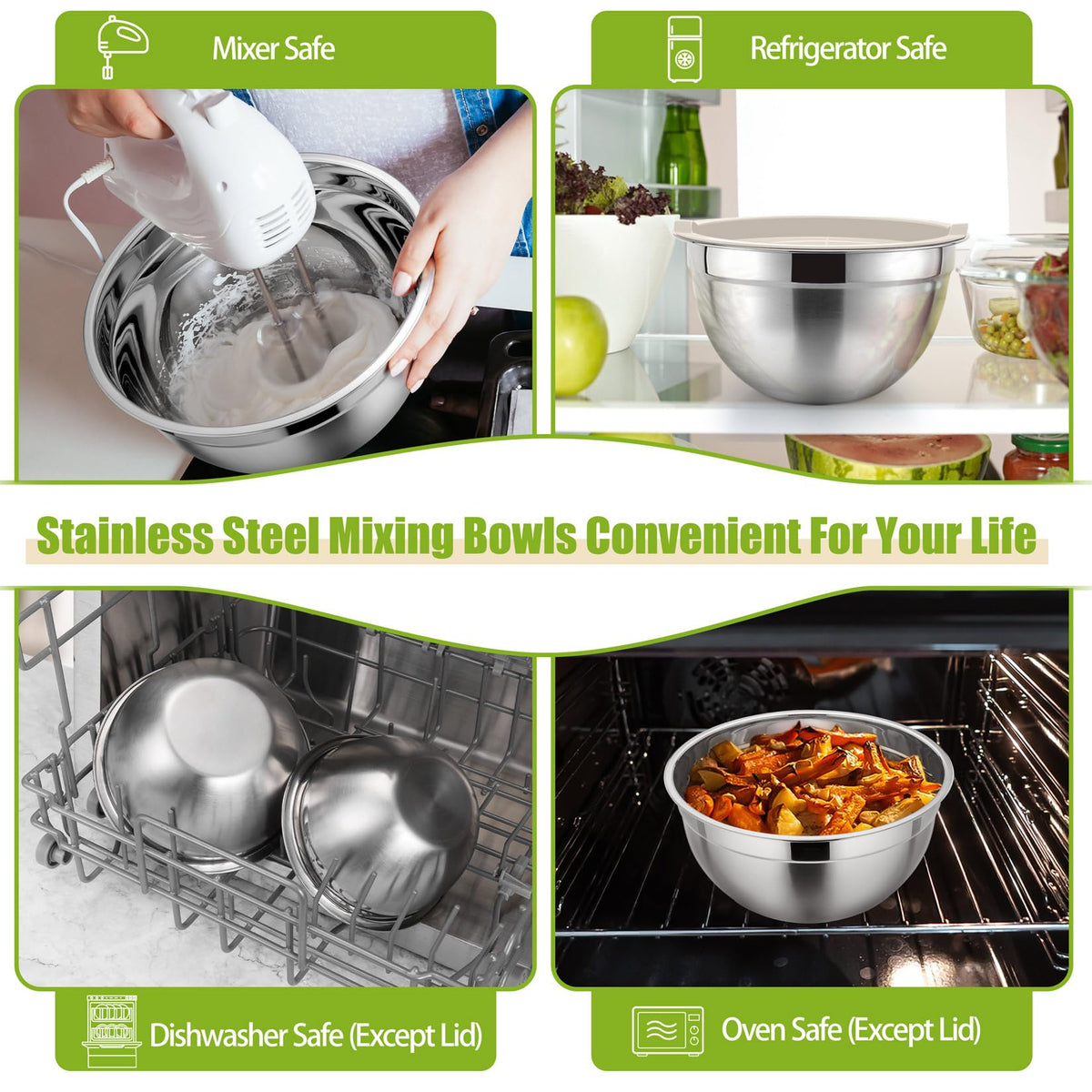 P&P CHEF Khaki Mixing Bowls with Lids, Set of 3, Stainless Steel Salad Nesting Bowl for Mixing, Storing, Prepping, Airtight & Stackable, Size 4.6/3 /1.5 QT