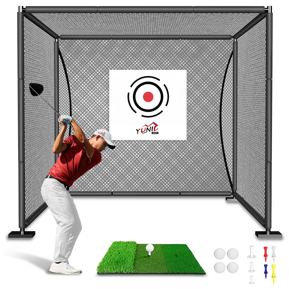 YUNIC Golf Driving Cage with Steel Frame, Golf Nets for Backyard Driving for Full Swing and Chipping Practice Indoor Outdoor (Black, 10'(W) x8'(H) x8'(D))