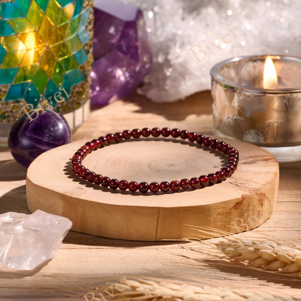 Bivei Garnet - Energizing - 4mm Beaded Bracelets for Women Handmade Semi Precious Natural Stone Stretch Elastic Jewelry Yoga Protection Gifts