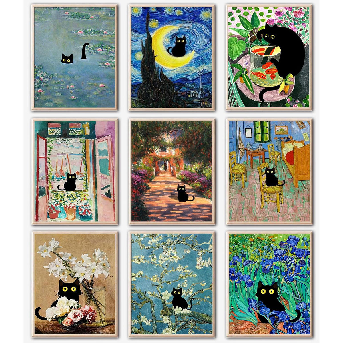 GemZono Diamond Art Kits for Adults and Beginners - 9pcs, 5D Round Diamond Digital Painting Kit, DIY Black Cat Diamond Art Painting, Matisse Van Gogh Living Room Bedroom Decoration (12 x 16 inch)