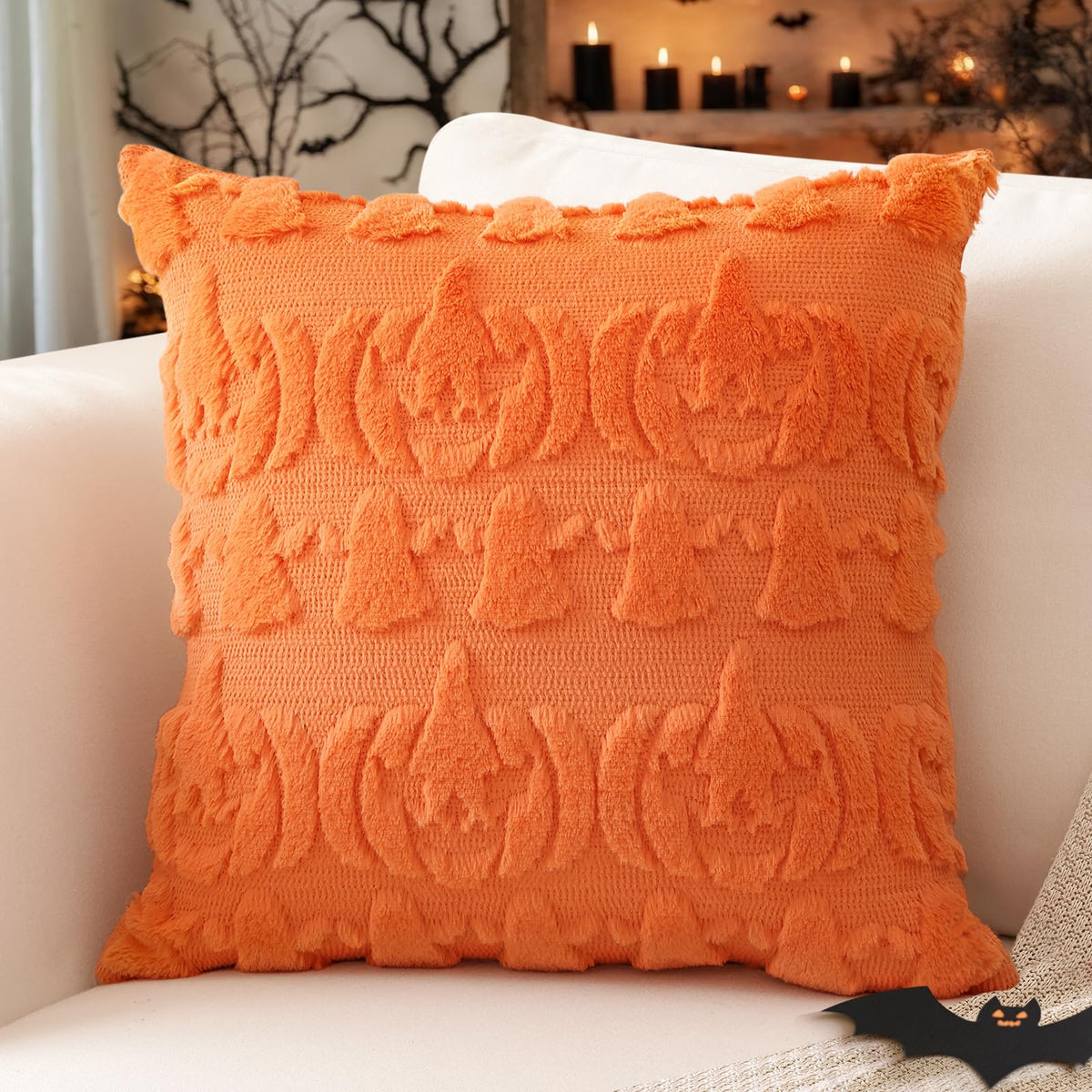 Artscope Halloween Pillow Covers 18 x 18 Set of 2 Decorative Ghost Holiday Pumpkin Throw Pillow Cases Soft Plush Faux Fur Couch Cushion Case for Farmhouse Halloween Sofa Bed Room Home Decor-Orange