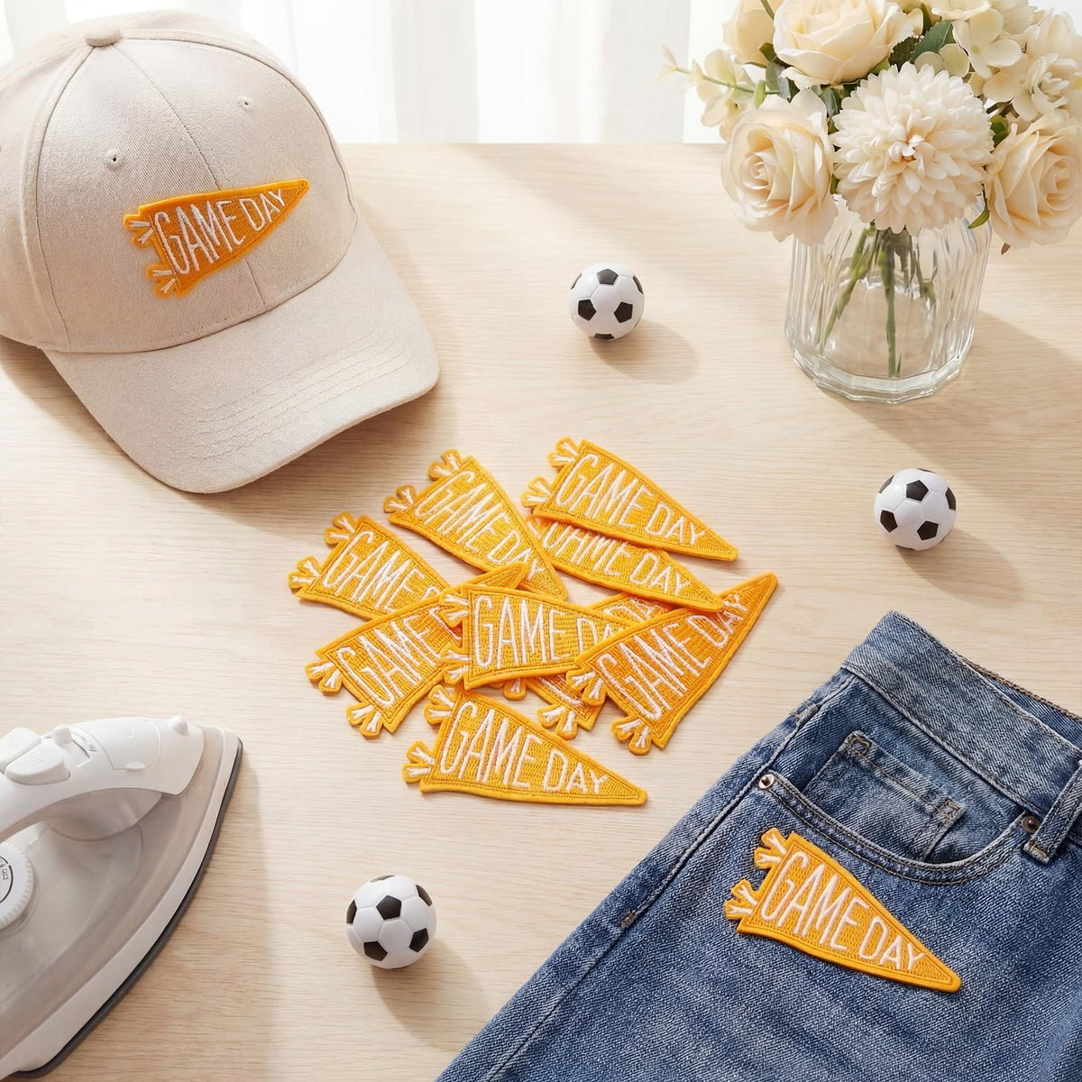 Suncalla Orange 36 Pcs Game Day Patches Bulk America Football Triangle Flag Iron-On Patches Badge Embroidered Sew on Appliques for Hats Backpacks Clothes DIY Crafts (Polyester)