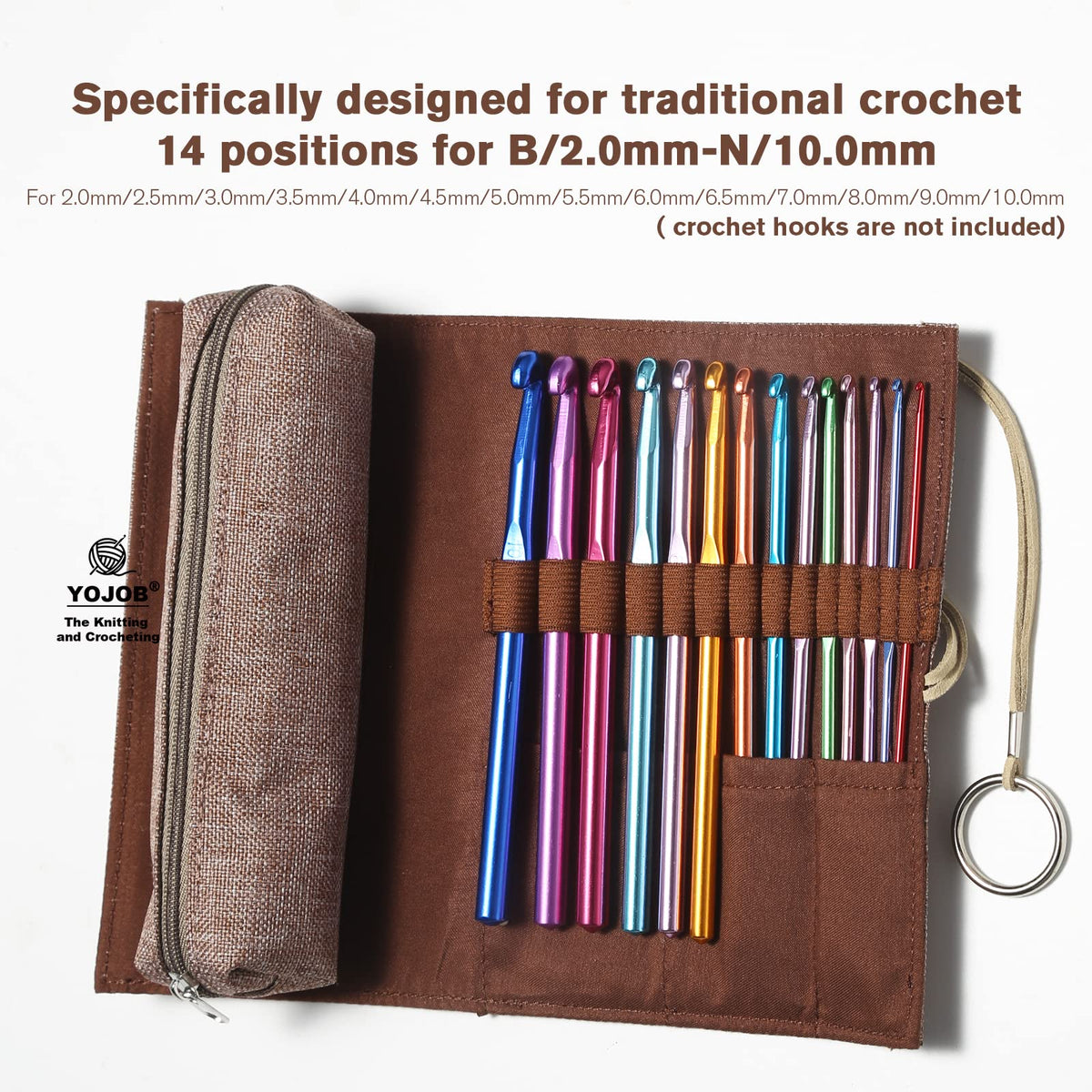 YOJOB Traditional Aluminum Crochet Hooks Case, 14 Slots Roll-up Crochet Hook Organizer with a Detached Zipper Bag (Beige-Orange)