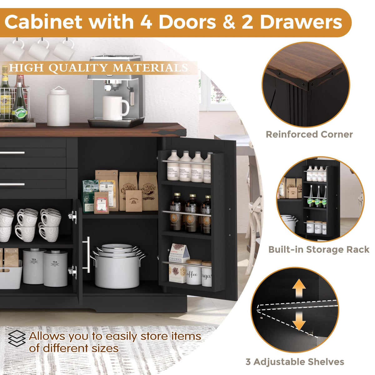 KEIKI 63" Farmhouse Barn Door Sideboard Buffet Cabinet with Storage – 2 Drawers, Adjustable Shelves, Door Rack, Kitchen Buffet, Large Sideboard Buffet Cabinet, Cabinet for Dishes, Black